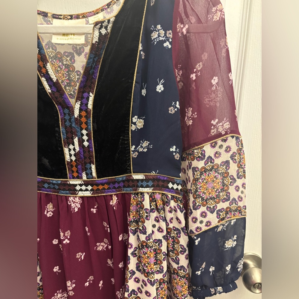 Anthropologie Maeve Quartier Latin Embroidered Patchwork Velvet Dress - Picture 3 of 6